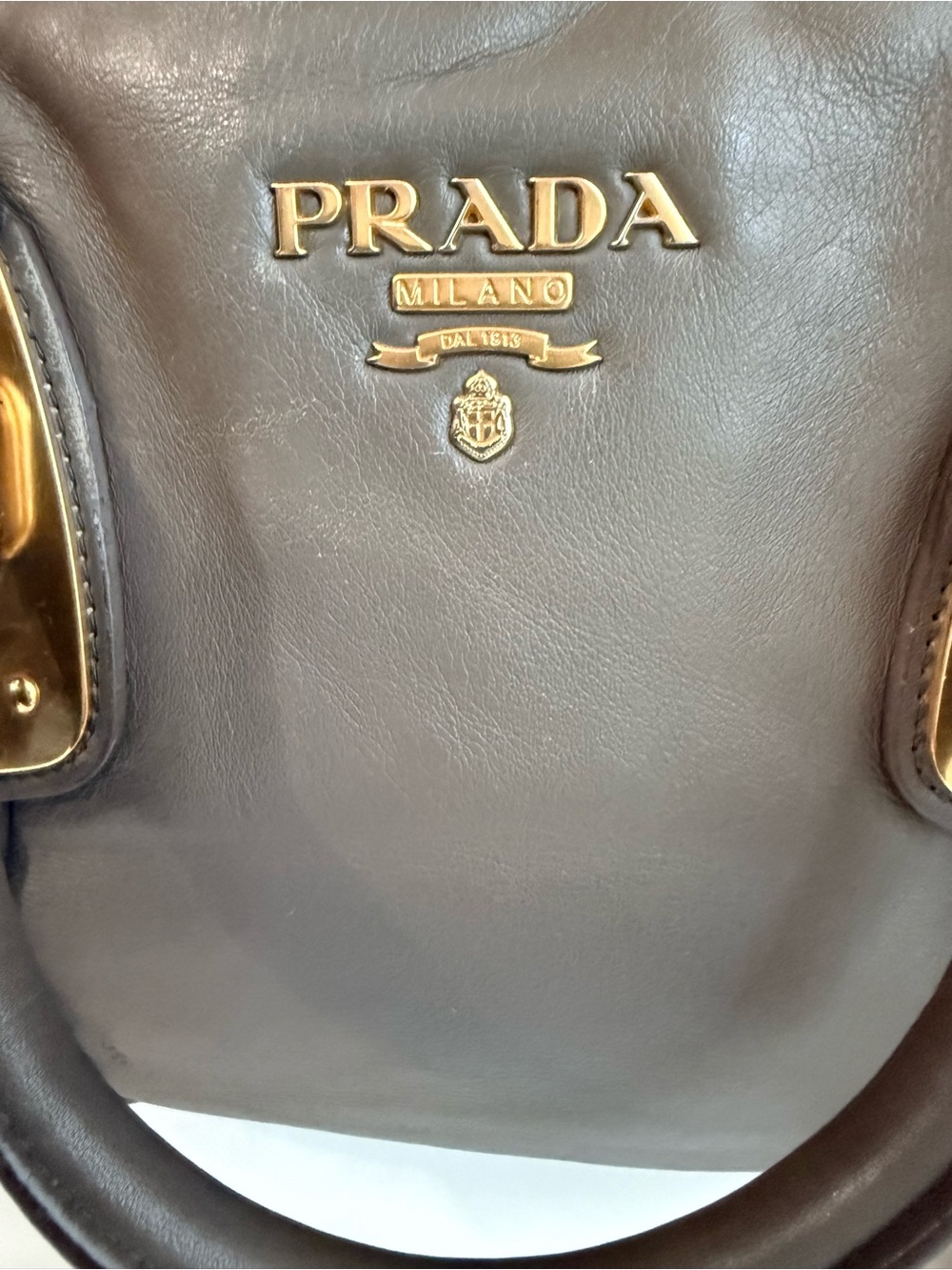 Prada Taupe Gray Leather Satchel Crossbody Bag with Gold Hardware Vitello Daino - Picture 12 of 15